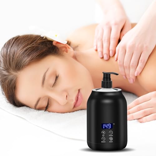 Massage Oil Warmer, Yofuly Electric Massage Oil Digital Heater with Two Oil Bottles, Portable Body Lotion Warmer Cream Heated Dispenser for SPA, Salon and Home Use, Black