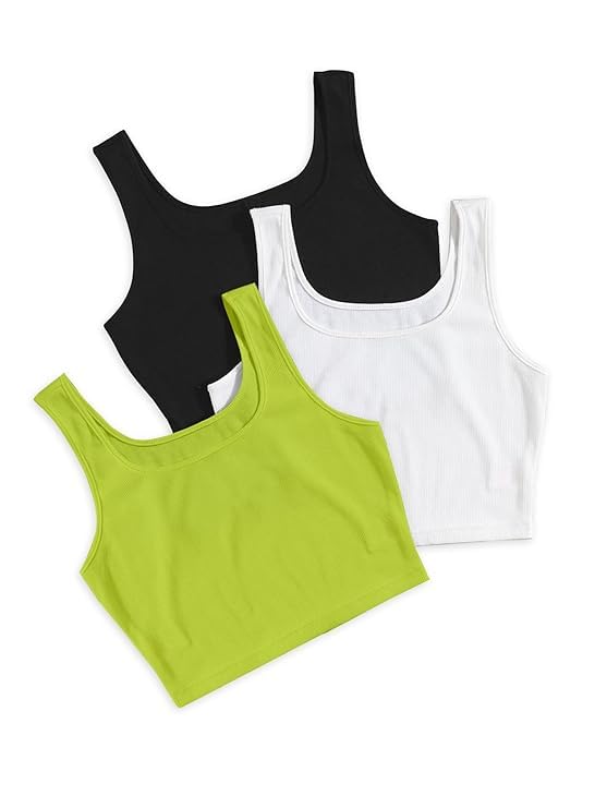 Image of Toochki Women's Knitted Sleeveless Solid Sqaure Neck Ribbed Tank & Crop Tops (Pack of 3)