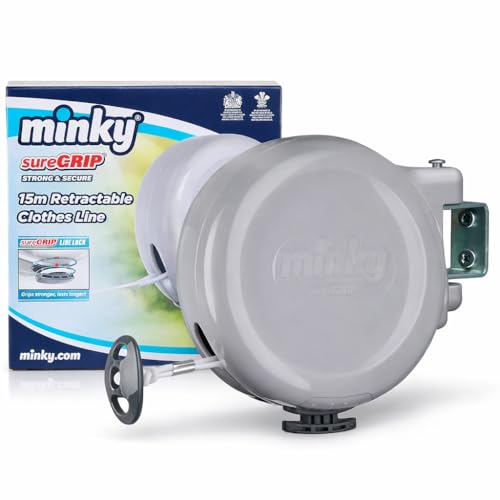 Minky SureGrip 15m Retractable Clothes Line Single Line Wall Mounted Washing Line with Strong Lock System Indoor & Outdoor Laundry Drying Line Space Saving Pull Out Clothesline for Home & Garden