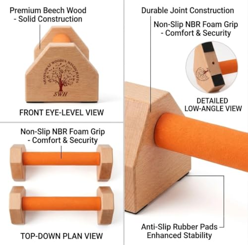 Image of Push-Up Bars, Handcrafted Wooden Parallettes, Non-Slip Base, Ergonomic 25 cm Handles, Natural Wood (orange)