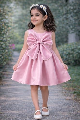 Image of Buy & Try Girls Frock Dress Crystal Moti Embellished Sleeveless Butterfly Design | Knee Length Birthday Dress for Kids with Zipper Closure