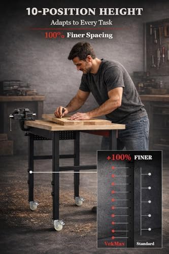 VekMax 60" Heavy Duty Workbench, 2500 LBS Load Capacity Work Bench with 1.2" Laminated Oak Wood Top & Reinforced Steel Frame, Adjustable Height Work Table for Garage, Workshop, Office, Home (Casters) - 3