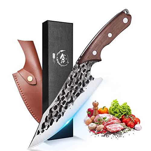 DRAGON RIOT Kochmesser Japanisch Wikinger Messer Handgeschmiedet Chefmesser Profi Küchenmesser Scharf Grillmesser Outdoor Messer mit Scheide für Küche Camping Grill BBQ