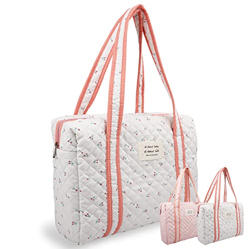 Coquette Quilted Cotton Tote Bag, Aesthetic Shoulder Bag Cute Floral Handbag With Zipper Inner Pocket, Portable And Soft Large Capacity Travel Storage Bag Satchel Purse Pouch For Women Girls(White) #TOP8