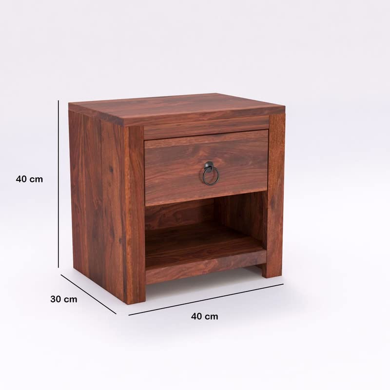 Image of Solid Wood Sheesham End Table with 1 Drawer and 1 Shelf Modern Design - Honey Finish