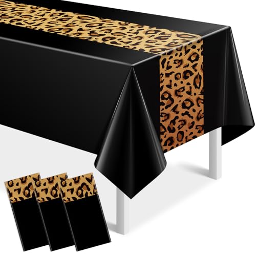 3 Pack Leopard Print Party Tablecloth Decorations Safari Animal Cheetah Plastic Table Cloth Black Leopard Runner Disposable Rectangle Table Cover for Baby Shower Birthday Party Supplies 54x108 Inch