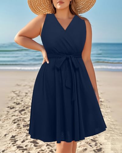 Image of Holipick Women's Plus Size Sleeveless V Neck Wrap Sundress Summer Casual Dress with Pockets