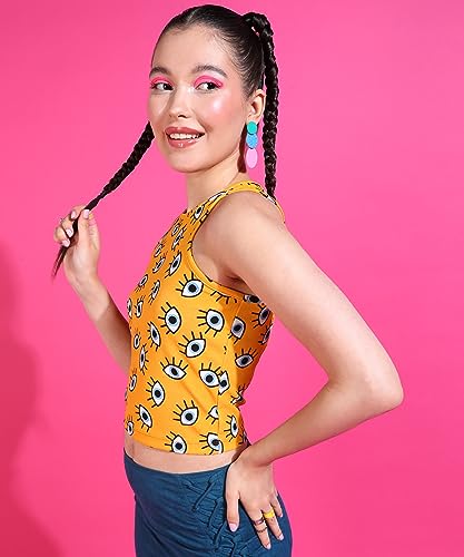 Image of POPWINGS Women Casual Yellow Eye Printed Self Design Tank Crop Top Tops for Women | Stylish Tops for Women | Trendy Tops Women