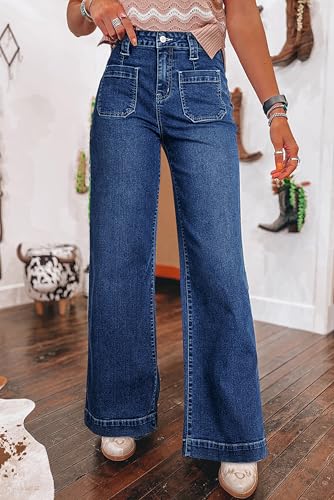 Straight Leg Jeans for Women High Waisted Boyfriend Stretchy Baggy Wide Leg Denim Pants with Patch Pockets2