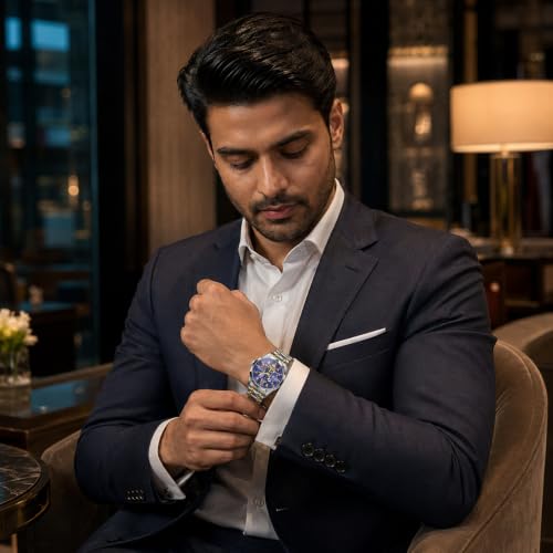 Image of Watch for men,Men's skeletonized quartz watch with black and gold two-tone stainless steel case, analog display, date display, water-resistant, luminous display, men's waterproof quartz watch. (Blue dial, silver strap)