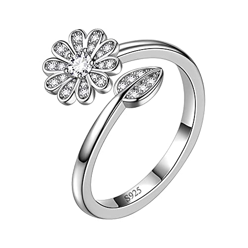 Aurora Tears Anello regolabile con fiore di margherita di girasole in argento Sterling 925 con fiore e foglie aperte, idea regalo per donne e ragazze DR0130W