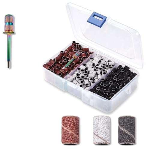 Nail Drill Bits Sanding Bands for Nail Drill, Lumcrissy Sanding Band with Storage Box,Include 300 Superfine Grinding Wheel Sand Bands and 1 Pieces Mandrel for Most Size 3/32