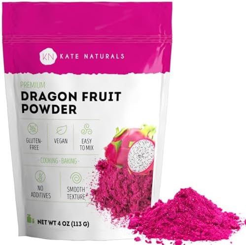 Kate Naturals Dragon Fruit Powder for Baking & Drinks (4oz). Vegan, Gluten Free Dried Pink Pitaya Powder for Dragonfruit Syrup, Smoothies & Food Coloring