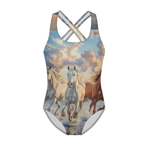 Image of WELLFLYHOM Girls Bathing Suits One Piece 5-14 Kids Full Coverage Swimsuits Cross Back Summer Swimwear for Beach Holiday