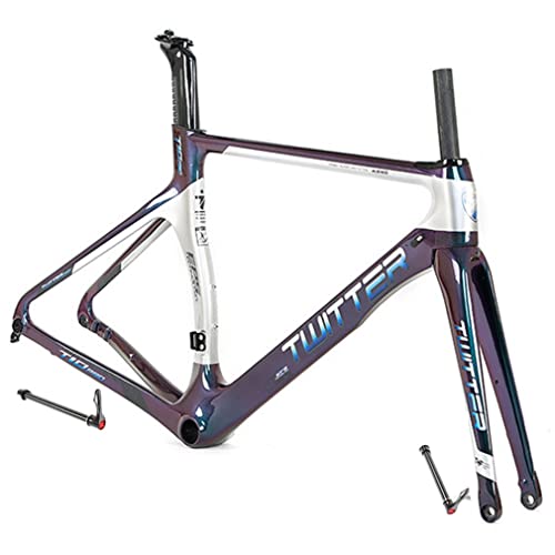 QHIYRZE Road Bikes Carbon Fiber Frameset 700c Discoloration Disc Brake Off Road Racing Frame 46/48/50/52/54CM BB92 Bicycles Frame Thru Axle F12x100/R12x142 Mm with Fork (Color : Silver, Size : 46CM)