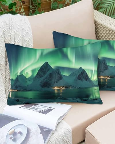 Boanket Lumbar Pillow Covers 12 x 20 Inches, Turquoise Waterproof Throw Pillow Cover Set of 2, Teal Aurora Iceland Scenery Mountain Home Decorative Rectangle Cushion Covers for Patio/Tent/Couch/Garden