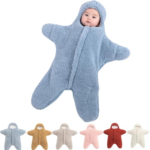 Baby Starfish Onesie - Thick Fleece Wearable Swaddle Bag, Newborn to 3 Months, Blue