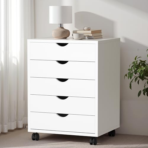 Image of Simple Deluxe 5 Drawer Chest Mobile Storage Cabinets Small Wooden Dresser with Wheels Room Organization Furniture for Office Home, White Wood