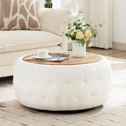 gusohey Large Round Storage Ottoman Coffee Table with Wooden Tabletop, 30.5 Inches Teddy Fleece Tufted Ottoman for Living Room, Bedroom, Apartments, White(Upgraded)