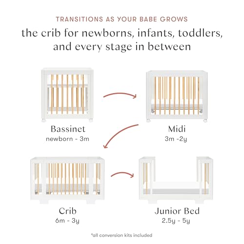 Image of Babyletto Yuzu Convertible All-Stages Bassinet, Midi, Full-Size Crib in White with Natural, Greenguard Gold Certified, Portable & Adjustable with Conversion Kits and Pads Included