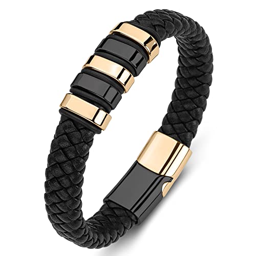 Leather Bracelet for Men Braided Cuff Wristband Stainless Steel Clasp in Silver and Gold Jewellery Gift