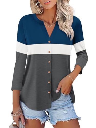 Womens 3/4 Sleeve Tops Button Down Shirts Color Block Casual Summer Shirts Trendy Tops
