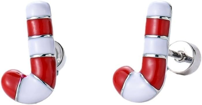 Christmas Candy Cane Cartilage Tiny Stud Earrings for Women Stainless Steel Cute Enamel Xmas Ornament Tragus Screw Flat Back Small Studs Earring Dainty Jewelry Gifts for Daughter Festival Holiday 18G