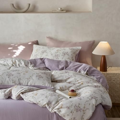 VM VOUGEMARKET Purple Floral Duvet Cover Set Queen Size,Soft Lyocell & Cotton Bedding Set,Breathable & Cool Comforter Cover for Hot Sleeper(3pcs,90x90 Inch)