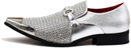 Image of Enzo Romeo Crisino Men Rhinestone Chrome Toe Suede Pointy Buckle Dress Loafer Slip On Shoes