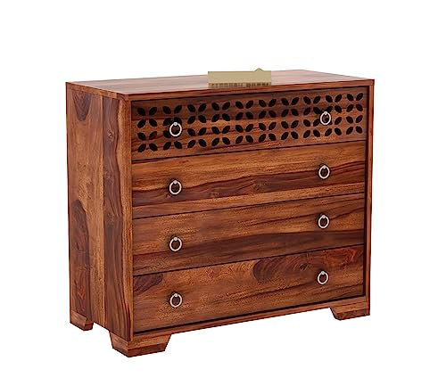 Image of SHIKHA WOOD CRAFT Solid Sheesham Wood Sideboard Cabinet Drawers and Door Storage | Multipurpose Wooden Chest of Drawers Furniture for Bedroom, Living Room, Home, and Office (Honey Finish- 4 Drawers)