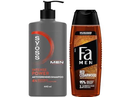 Syoss Shampoo Men Power (1x 440 ml) kräftigendes Herren Shampoo mit Koffein & Power-Boost & Fa Men Duschgel Red Cedarwood (1x 250 ml) Duschpflege mit 2in1 Formel reinigt Körper & Haar