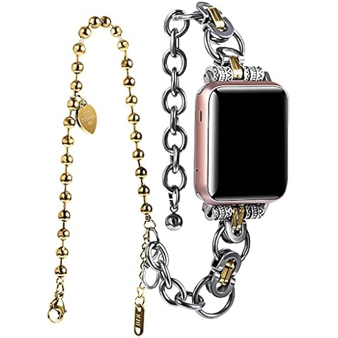 VIIVY VIYIV Dressy Compatible with Apple Watch Band 44mm 42mm 45mm for Women Girls, Double Tour Bracelet Stainless Steel Chain Jewelry Metal Straps Wristbands for iWatch SE Series 7 6 5 4 3 2 1 Nike+ Gold Cover