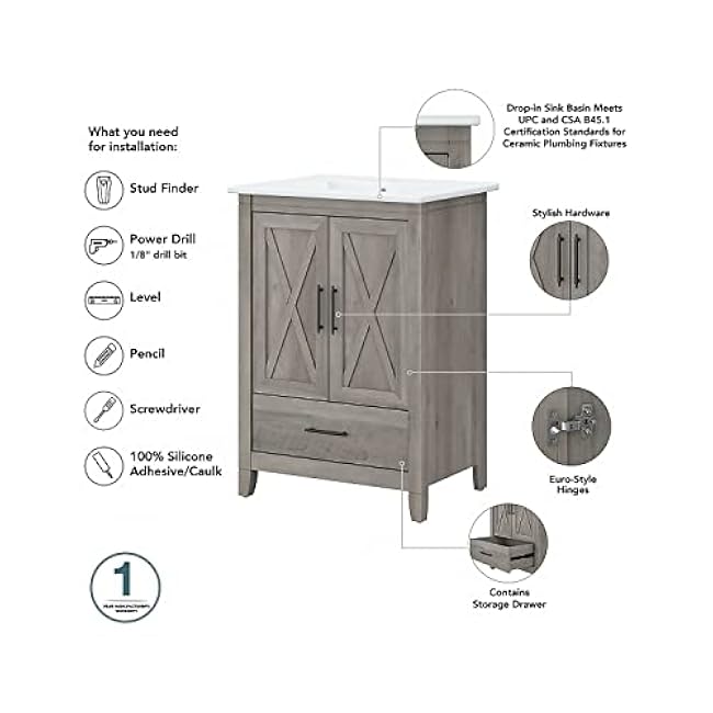 Bush Furniture Key West 24W Bathroom Vanity Sink with Mirror in Driftwood Gray