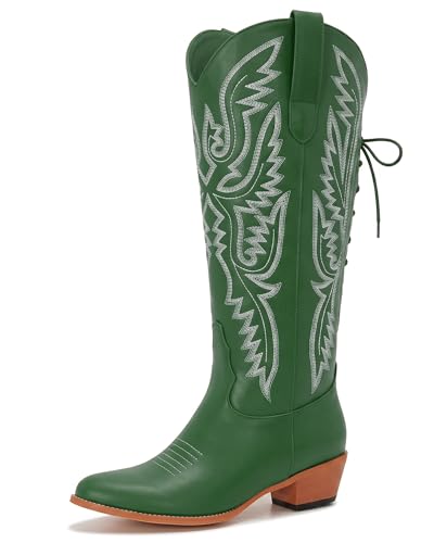Image of Uillnoodu Wide Calf Cowboy Boots Women Adjustable Lace Up Knee High Tall Plus Size Cowgirl Boots Western Style Comfortable 2-Inch Heel