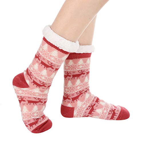 1 Pair Cozy Warm Womens Sherpa Lining Fuzzy Slipper Socks, Winter Crochet Christmas Thermal Slipper Sock with Silicone Grippers