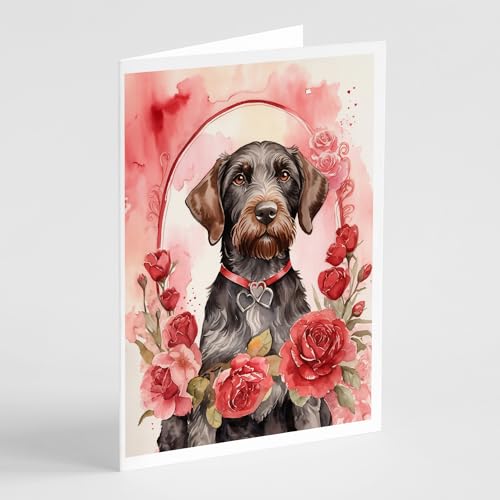 Caroline's Treasures DAC4451GCA7P German Wirehaired Pointer Valentine Roses Greeting Cards Pack of 8 Blank Cards with Envelopes Whimsical A7 Size 5x7 Blank Note Cards