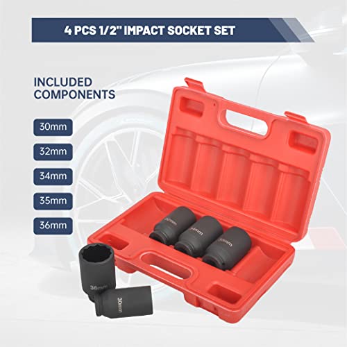 Batoneco 1/2" Drive Impact Socket Set,5Pcs 12 Point Axle Nut Socket Set 30Mm,32Mm,34Mm,35Mm,36Mm Cr-Mo Deep Socket Set Spindle Axle Nut Impact Socket Set,Black #TOP2