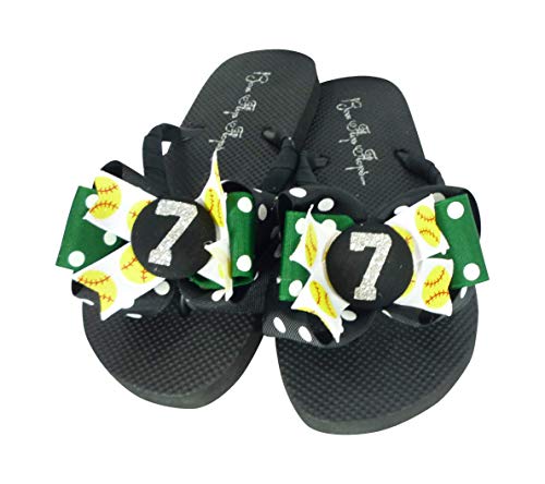 Softball Flip Flops - Forest Green & Black - Glitter Player Number, Silver