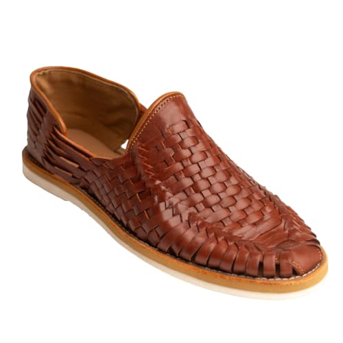 Mexico en la Piel Men's Handmade Leather Huaraches Slip-On Sandals – Genuine Woven Leather, Comfortable & Breathable Casual Shoes – Tan & Shedron