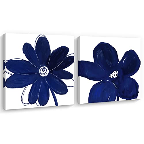 Creoate Navy Blue Wall Art for Bathroom Decor, 2 Pieces Abstract Flower Painting Canvas Print Artwork Framed Set Blue and white Wall Decor for Bedroom, Small, 12x12 Inch
