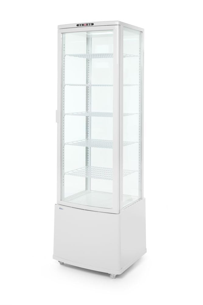 HENDI Witryna chłodnicza, z 5 regulowanymi półkami, zakres temperatur: od 0° do 6°C, 4 kółka, oświetlenie LED, lodówka, 270L, 230V/380W, 556x526x(H)1913mm, stal nierdzewna, szkło, ABS, PVC, biały