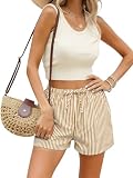 JFAN Pantalones Cortos Mujer Verano Casual Short Mujer a Rayas Cintura Alta Elástica Shorts con Cordón Ajustable y Bolsillos,Caqui XL