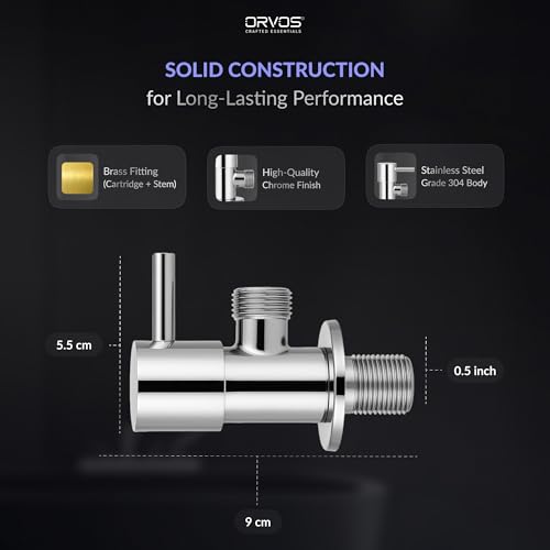 Image of Orvos Angle Valve, Rounded, Premium 304 Stainless Steel Chrome Plated Body with Full Brass Cartridge Inside, Set of 2, for Hot & Cold Supply to Geysers, Sinks, Basins and Flush Tanks
