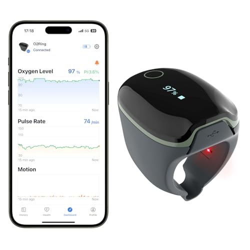 ViATOM O2ring Bluetooth Oximeter, Pulsoximeter Fingertip für kontinuierliche Überwachung nachts, Schlafoximeter zur Messung von SpO2 & Herzfrequenz (Erweiterte Funktionen)