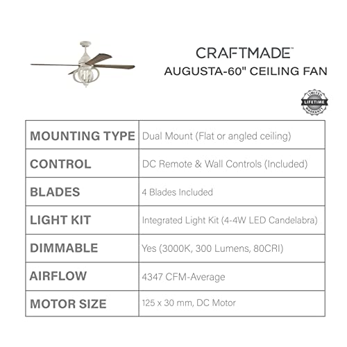 Craftmade AUG60CW4 Augusta Dual Mount 60" Ceiling Fan with LED Light and Remote Control, 4 Blades, Cottage White - Image 3