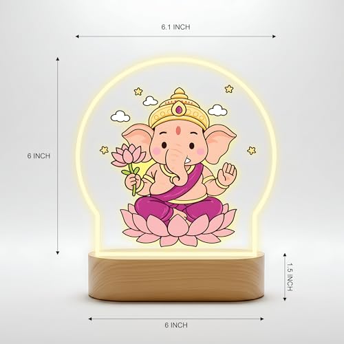 Image of Giftplease Lord Ganesha LED Table Lamp - Warm White Decorative Night Light - Divine Bal Ganesha & Mooshak Artwork for Home, Office, and Pooja Room GL 02