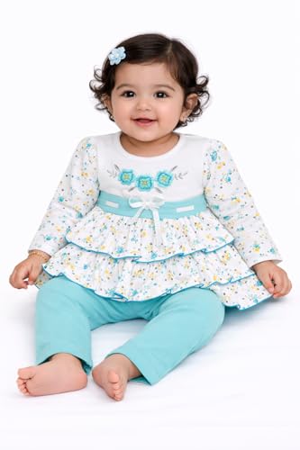 Image of NammaBaby Premium Baby Girls Full Sleeves Frock with Pant Baby Girl's Cotton Frock with Leggings, Frill Frock - Pack of 1