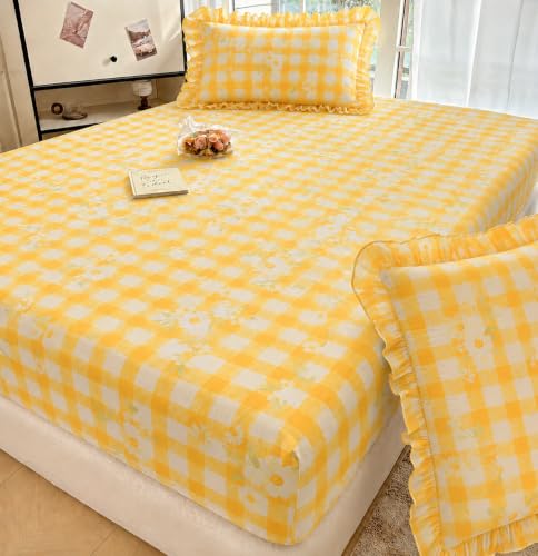 Image of VOMZER King Size (72x78) 300 TC Soft Cotton Feel Microfiber All Around Elastic Fitted Double Bedsheet with 2 Frill Pillow Covers | Yellow Check