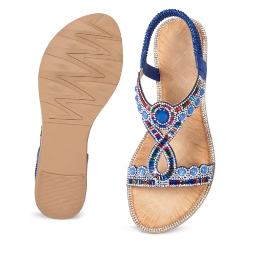 Image of iCKER Womens Rhinestone Strappy Flat Sandals Elastic Ankle Strap Open‑Toe | Sparkling,for wedding,party,evening dates,special occasion,Vacation,Formal