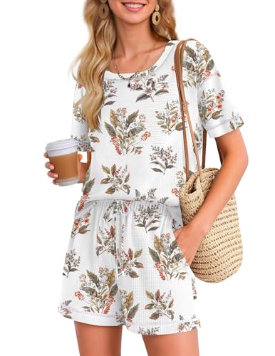 Image of Ekouaer Women's Waffle Knit Two Piece Lounge Set, Soft Matching Outfits for Daily Wear, Casual Shorts Set with Pocket